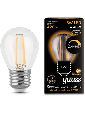 Лампа светодиодная диммируемая филаментная E27 5W 2700К прозрачная 105802105-D