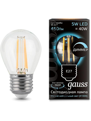 Лампа светодиодная диммируемая филаментная E27 5W 4100К прозрачная 105802205-D