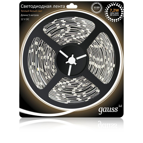 Светодиодная лента Gauss 5M теплый белый 7.2W 5050SMD 30LED/m 312000107