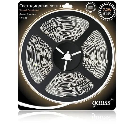 Светодиодная лента Gauss 5M теплый белый 7.2W 5050SMD 30LED/m 312000107