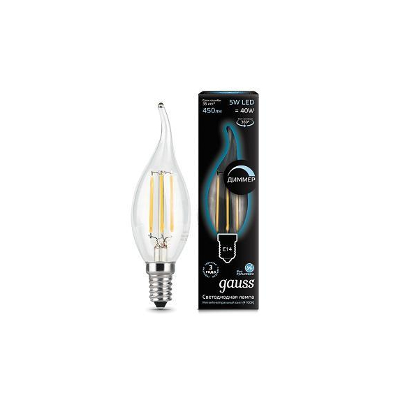Лампа светодиодная диммируемая филаментная E14 5W 4100К прозрачная 104801205-D