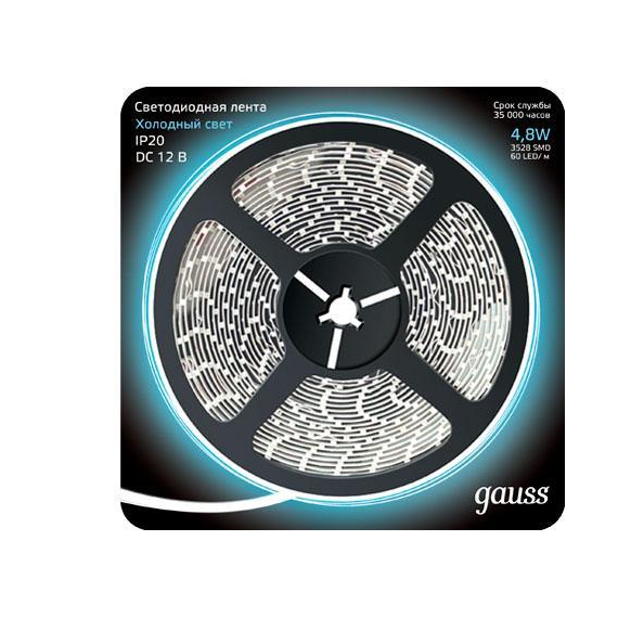Светодиодная лента Gauss 5M холодный белый 4,8W 3528SMD 60LED/m 312000305