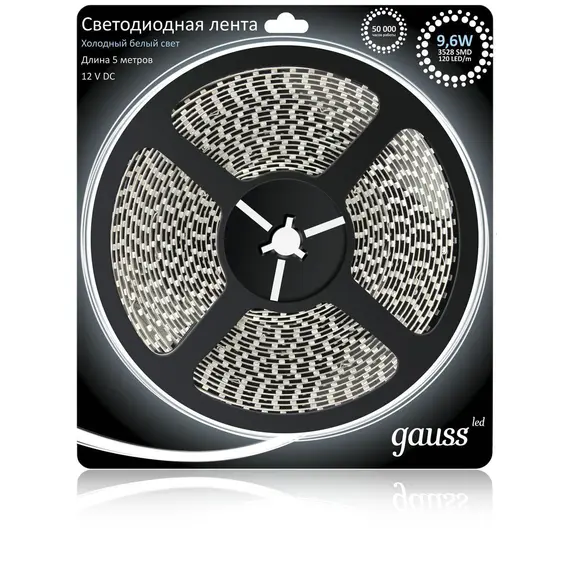 Светодиодная лента Gauss 5M холодный белый 9,6W 3528SMD 120LED/m 311000310
