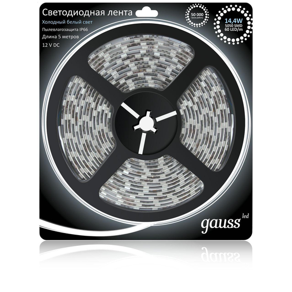 Светодиодная лента Gauss 5M холодный белый 14,4W 5050SMD 60LED/m 311000314