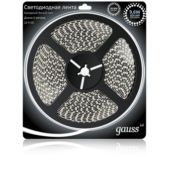 Светодиодная лента Gauss 5M холодный белый 9.6W 3528SMD 120LED/m 312000310