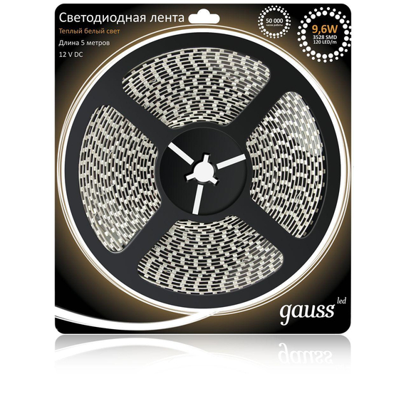 Светодиодная лента Gauss 5М теплый белый 9.6W 3528SMD 120LED/m 312000110