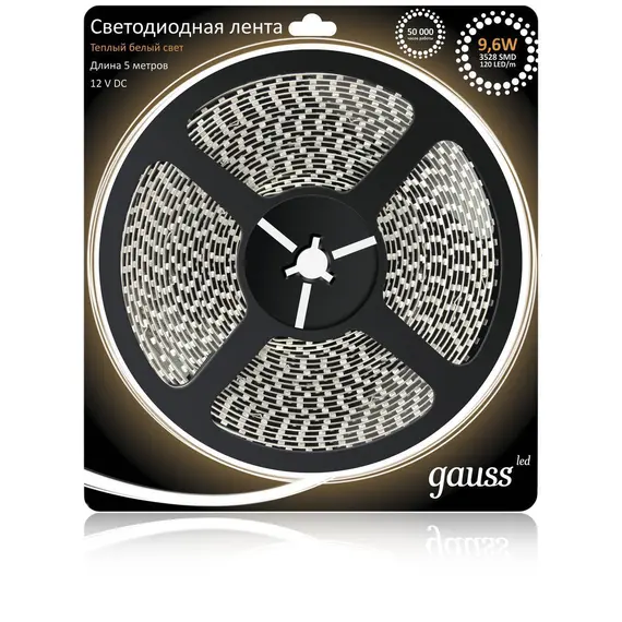 Светодиодная лента Gauss 5М теплый белый 9.6W 3528SMD 120LED/m 312000110