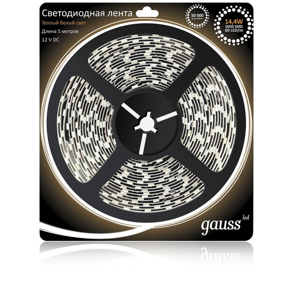 Светодиодная лента Gauss 5М теплый белый 14,4W 5050SMD 60LED/m 312000114