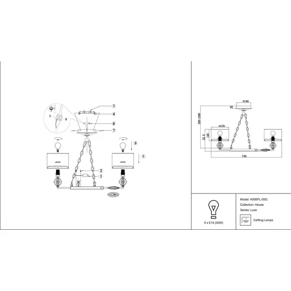 Подвесная люстра Maytoni Luxe H006PL-05G, изображение 2