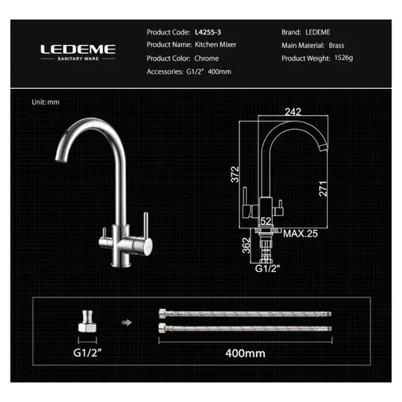 Смеситель для кухни со встроенным краном под фильтр питьевой воды Ledeme R L4255-3 хром, изображение 11