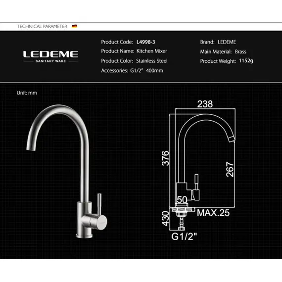 Смеситель для кухни Ledeme R L4998-3 суперсталь, изображение 5