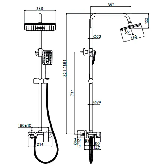 Душевая стойка со смесителем и тропическим душем Ledeme R L2421 хром, изображение 2