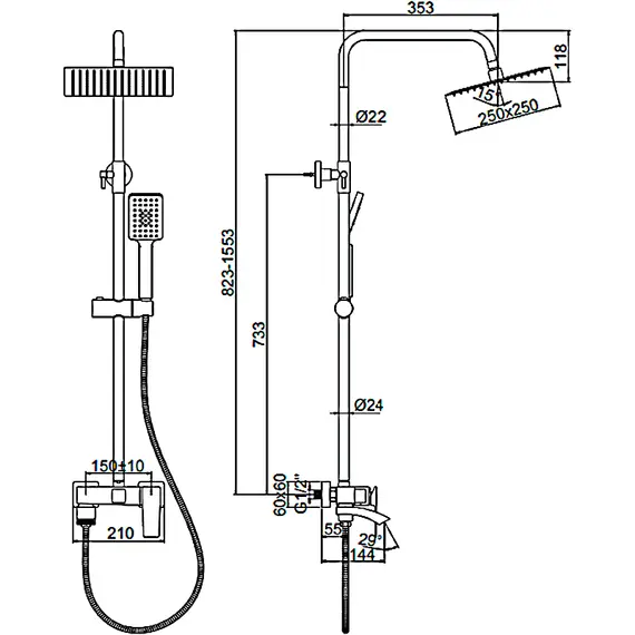 Душевая стойка со смесителем и тропическим душем Ledeme R L2478B матовый черный, изображение 2