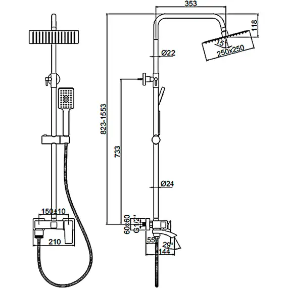 Душевая стойка со смесителем и тропическим душем Ledeme R L2478U графит, изображение 2