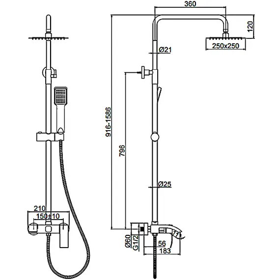 Душевая стойка со смесителем и тропическим душем Ledeme R L72417 нержавеющая сталь, изображение 2