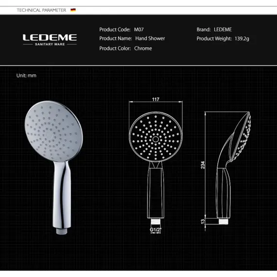 Лейка для душа Ledeme M07 хром, изображение 5