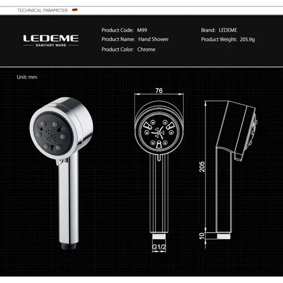 Душевая лейка Ledeme M99 хром, изображение 4
