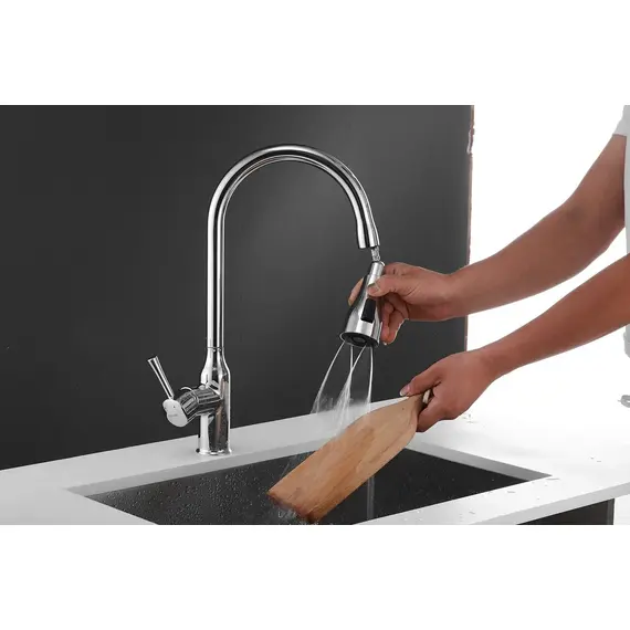 Смеситель для кухни с выдвижной лейкой душ Shevanik S163 хром, изображение 4