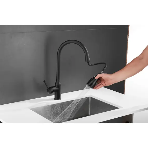 Смеситель для кухни с выдвижной лейкой душ Shevanik S163H черный, изображение 27