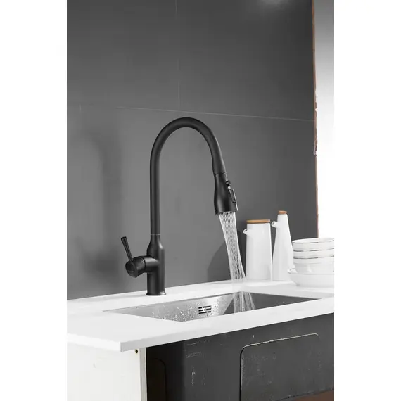 Смеситель для кухни с выдвижной лейкой душ Shevanik S163H черный, изображение 3