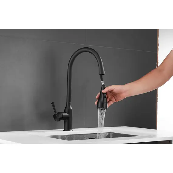 Смеситель для кухни с выдвижной лейкой душ Shevanik S163H черный, изображение 10