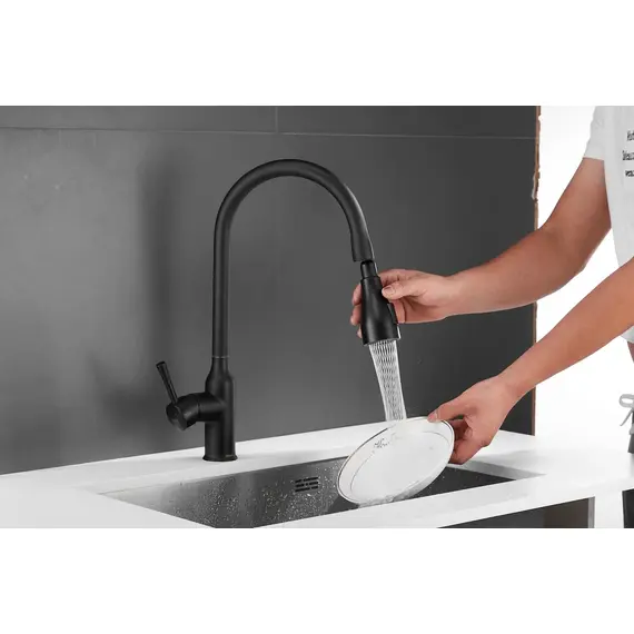 Смеситель для кухни с выдвижной лейкой душ Shevanik S163H черный, изображение 8