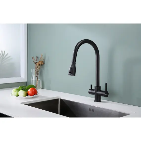 Смеситель для кухни Paulmark Lange La214212-418 под фильтр с выдвижным шлангом черный металлик, Название цвета: Черный металлик, изображение 13