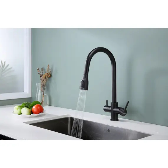 Смеситель для кухни Paulmark Lange La214212-418 под фильтр с выдвижным шлангом черный металлик, Название цвета: Черный металлик, изображение 16