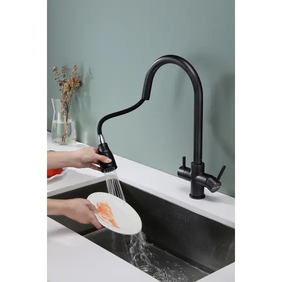 Смеситель для кухни Paulmark Lange La214212-418 под фильтр с выдвижным шлангом черный металлик, Название цвета: Черный металлик, изображение 3