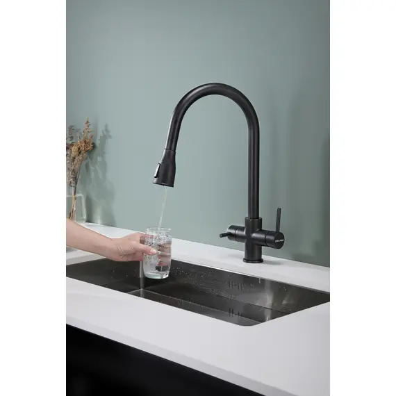 Смеситель для кухни Paulmark Lange La214212-418 под фильтр с выдвижным шлангом черный металлик, Название цвета: Черный металлик, изображение 5