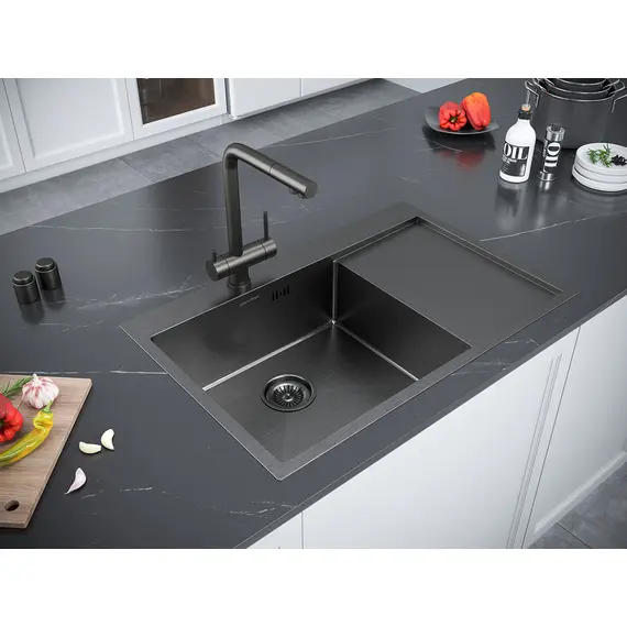 Мойка из нержавейки Paulmark Kroner 78F LPM217851-GML 78 х 51 см вороненая сталь чаша слева, изображение 3