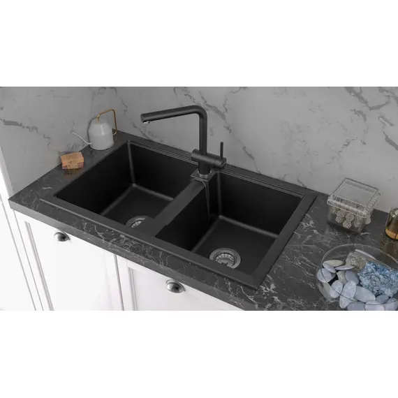 Мойка из камня Paulmark Tandem 80/2 PM238150-BL 81 х 50 см кварц черный, изображение 3