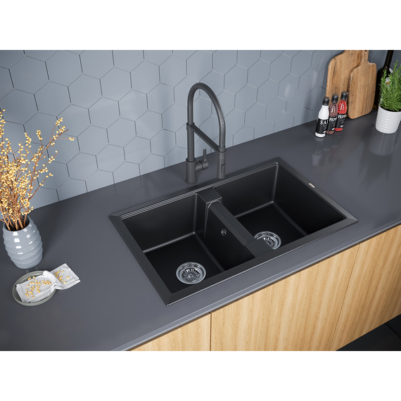 Мойка из камня Paulmark Tandem 80/2 PM238150-BLM 81 х 50 см кварц черный металлик, изображение 3