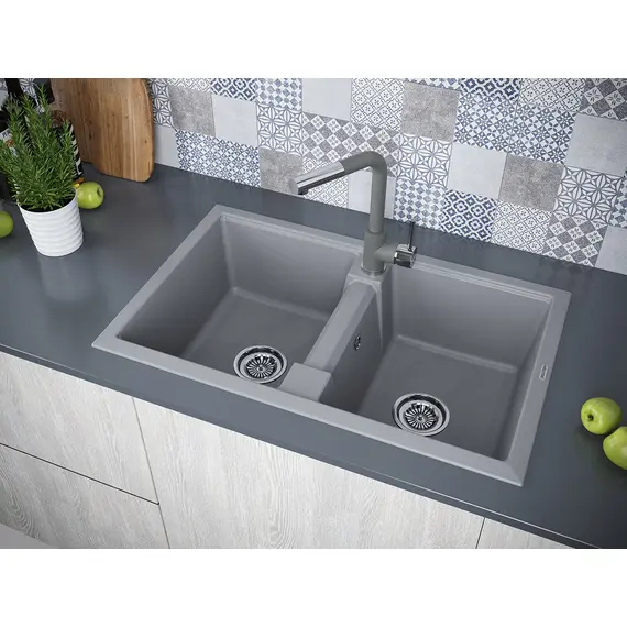 Мойка из камня Paulmark Tandem 80/2 PM238150-GRM 81 х 50 см кварц серый металлик, изображение 3