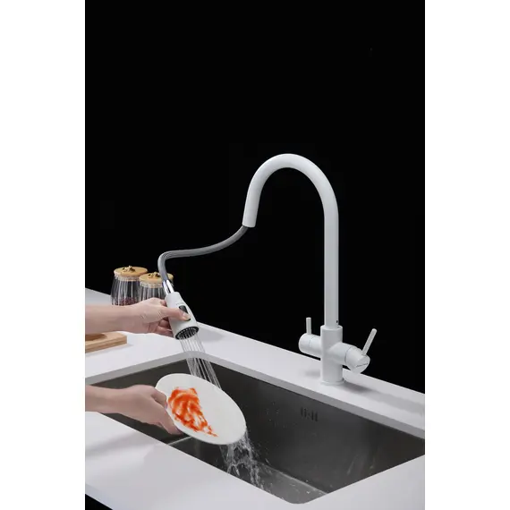 Смеситель для кухни Paulmark Lange La214212-431 под фильтр с выдвижным шлангом белый матовый, Название цвета: Белый, изображение 11