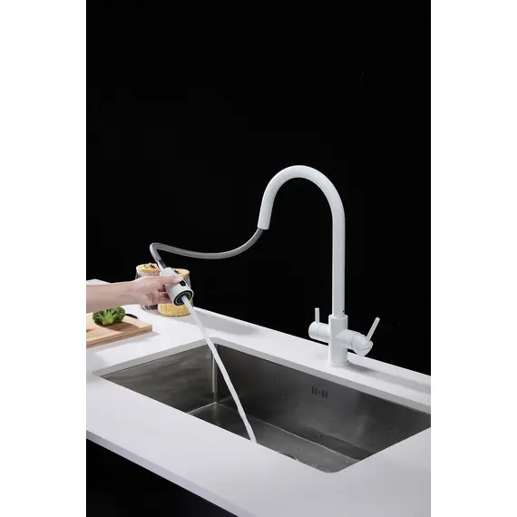 Смеситель для кухни Paulmark Lange La214212-431 под фильтр с выдвижным шлангом белый матовый, Название цвета: Белый, изображение 3