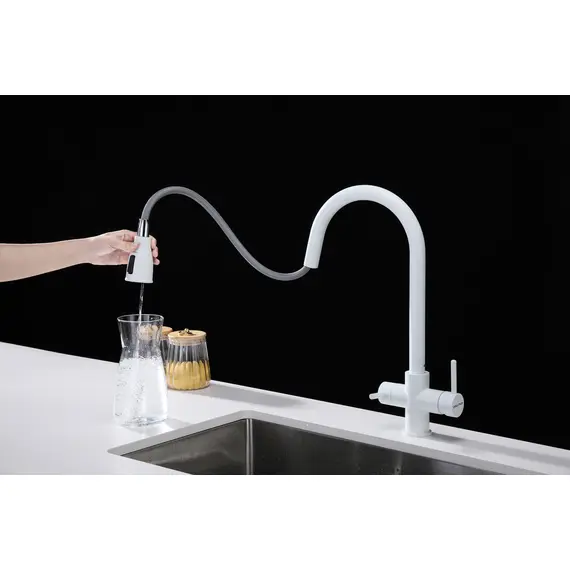 Смеситель для кухни Paulmark Lange La214212-431 под фильтр с выдвижным шлангом белый матовый, Название цвета: Белый, изображение 5