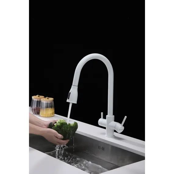 Смеситель для кухни Paulmark Lange La214212-431 под фильтр с выдвижным шлангом белый матовый, Название цвета: Белый, изображение 6