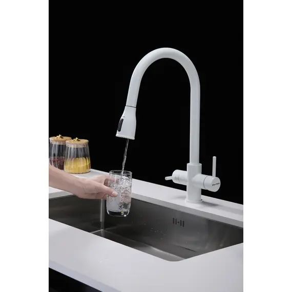 Смеситель для кухни Paulmark Lange La214212-431 под фильтр с выдвижным шлангом белый матовый, Название цвета: Белый, изображение 7