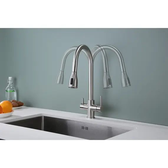 Смеситель для кухни Paulmark Lange La214212-NI под фильтр с выдвижным шлангом никель, Название цвета: Никель, изображение 5