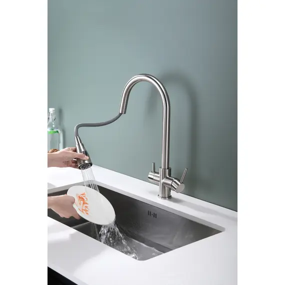 Смеситель для кухни Paulmark Lange La214212-NI под фильтр с выдвижным шлангом никель, Название цвета: Никель, изображение 6