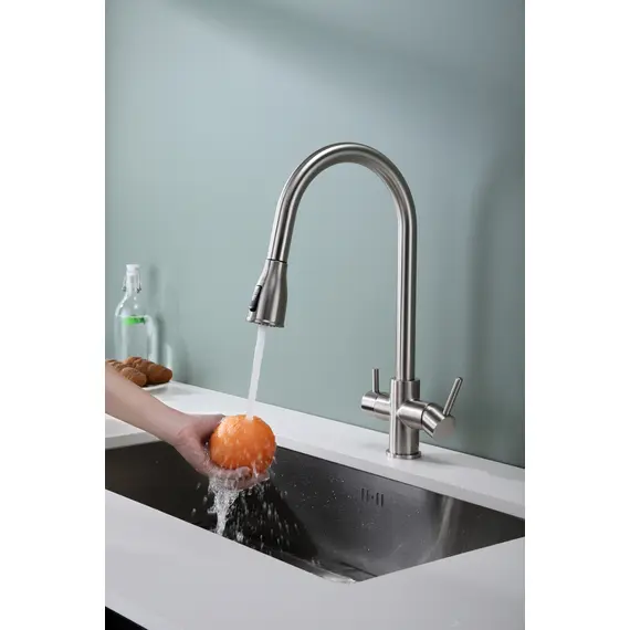 Смеситель для кухни Paulmark Lange La214212-NI под фильтр с выдвижным шлангом никель, Название цвета: Никель, изображение 7