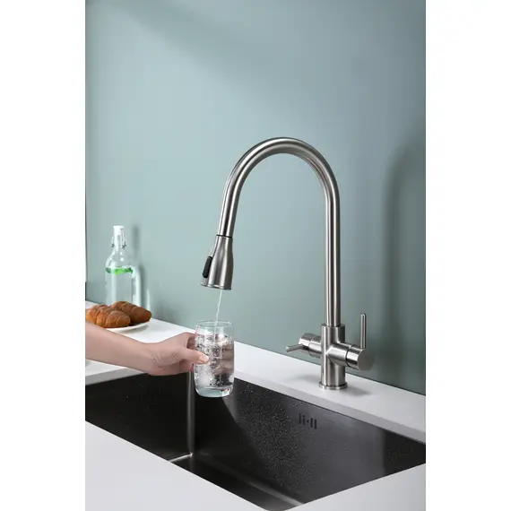 Смеситель для кухни Paulmark Lange La214212-NI под фильтр с выдвижным шлангом никель, Название цвета: Никель, изображение 8