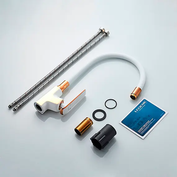 Смеситель для кухни с гибким изливом Ledeme L4074WR-3 белый/золото, изображение 8