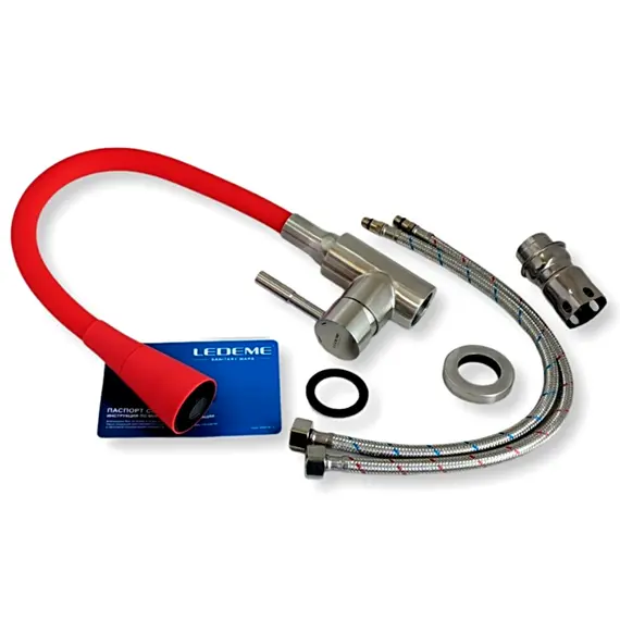 Смеситель для кухни с гибким изливом с душем с душем Ledeme L74199-1 красный/хром, изображение 4