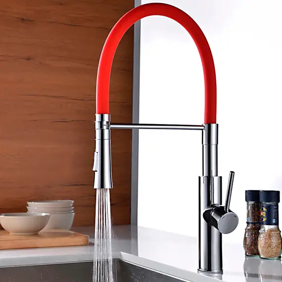 Смеситель для кухни с гибким изливом с душем Ledeme L4097-1 красный/хром, изображение 3