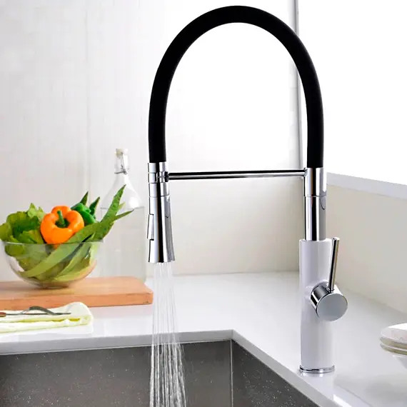 Смеситель для кухни с гибким изливом с душем Ledeme L4097W-2 белый/хром, изображение 3