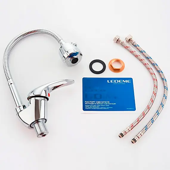 Смеситель для кухни с гибким изливом с душем Ledeme R L4302-B силумин хром, изображение 14