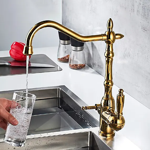 Смеситель для кухни ретро со встроенным краном под фильтр питьевой воды Ledeme L4555G-3 золотой, изображение 3