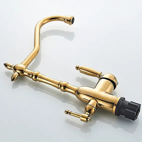 Смеситель для кухни ретро со встроенным краном под фильтр питьевой воды Ledeme L4555G-3 золотой, изображение 4